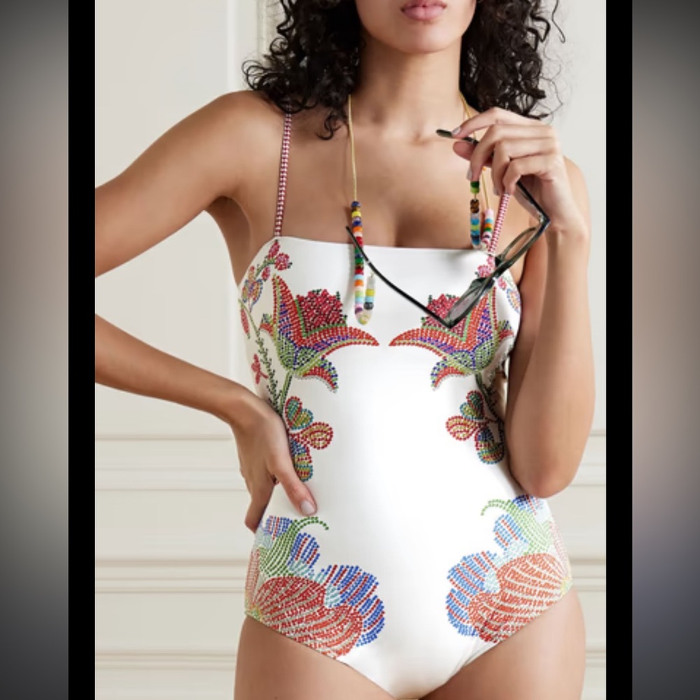 LA DoubleJ White Floral Beaded One Piece Swimsuit